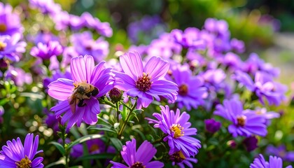 Fototapeta premium Close-up of many vibrant purple flowers with a bee