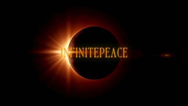 Infinite Peace glowing text on dark eclipse background with radiant light and lens flare