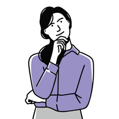 A man with dark hair wearing a purple collared shirt and grey pants stands with his hands on his hips.