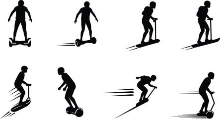 Hoverboard and electric scooter silhouettes, personal mobility riders, futuristic urban commute, self-balancing transport, modern lifestyle design, fast motion sports illustrationHoverboard and 