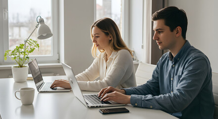 Couple working from home on laptops together