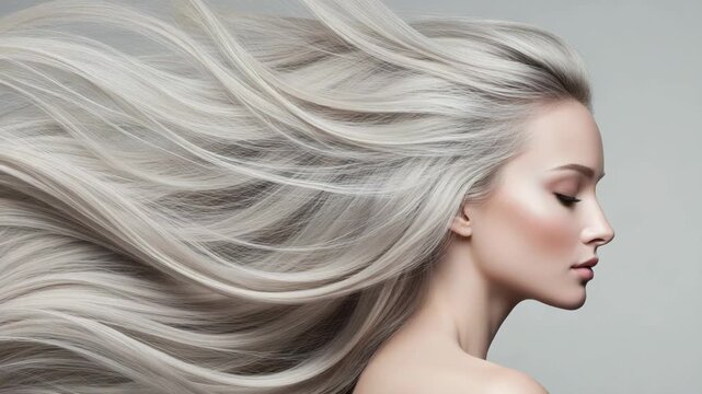 Beautiful woman with long flowing silver hair against a grey background