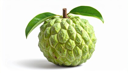 Fototapeta premium Describe a cherimoya fruit with green scaly skin and two attached leaves on a white background. Highlight its bumpy texture, tropical origin, and visual uniqueness for food or botanical use.