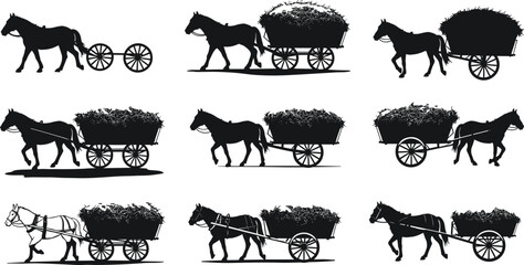 Horse cart silhouette, traditional transport, farm wagon illustration, vintage rural carriage, agriculture vehicle, hay load wagon, countryside horse drawn carriage © Sakib World