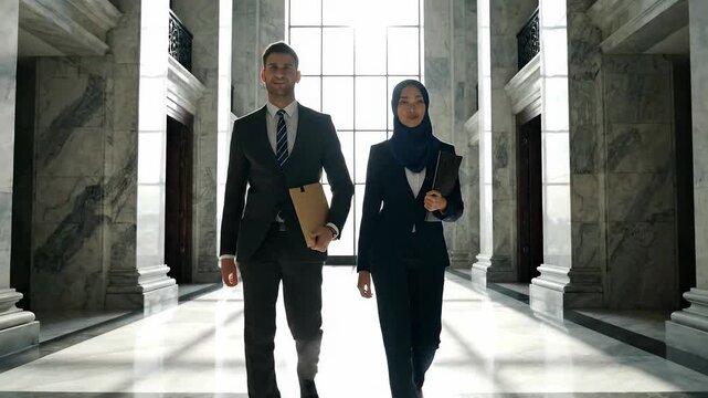 Confident Business Partners Walking in Grand Hall