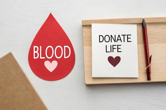 Red blood drop and note promoting blood donation on wooden tray with pen, emphasizing health awareness