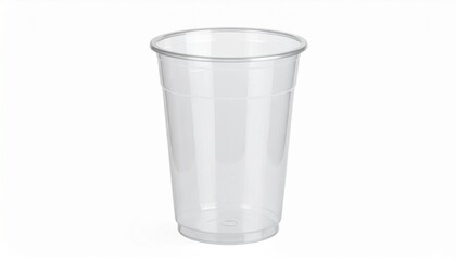 Describe a transparent plastic cup with horizontal ridges and a slightly flared top on a white background. Highlight its disposable design, grip texture, and relevance to drinkware or environmental to
