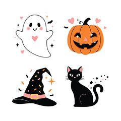 Cute cartoon illustrations featuring a friendly ghost, carved pumpkin, witch's hat, and black cat.