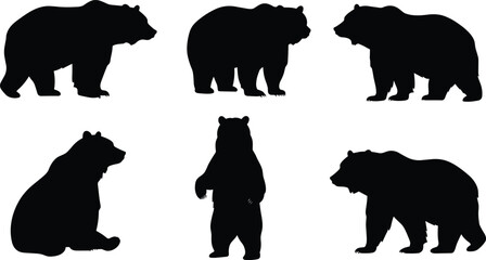 Bear silhouette vector, wild animal, black bear, brown bear, grizzly bear, wildlife illustration, forest animal, standing bear, walking bear, nature art