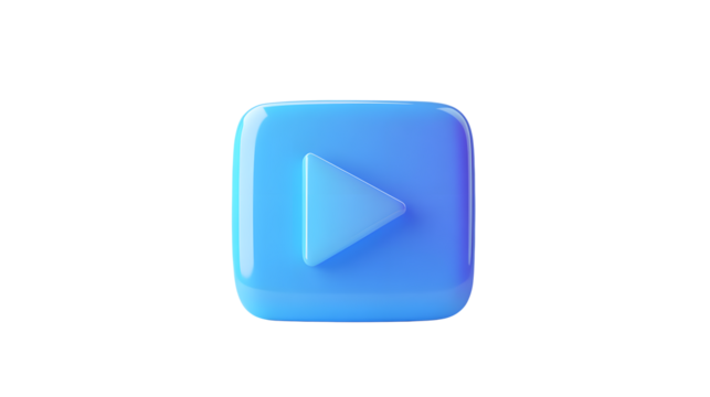 A glossy blue play button on a transparent background render icon