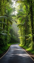 Fototapeta premium Tropical Rainforest Road Through Lush Trees.