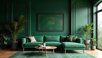 Contemporary living room interior design with comfortable sofa, wood floor, and modern furniture