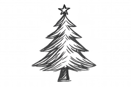 Christmas tree doodle presenting festive design, featuring a star on top in a minimalist sketch style on transparent background