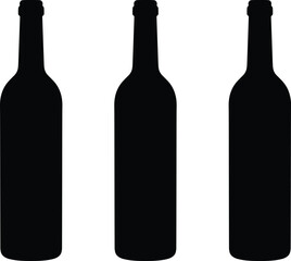 Black silhouette of three glass beer bottles isolated on white background, alcohol drink container, beverage packaging design, vector illustration