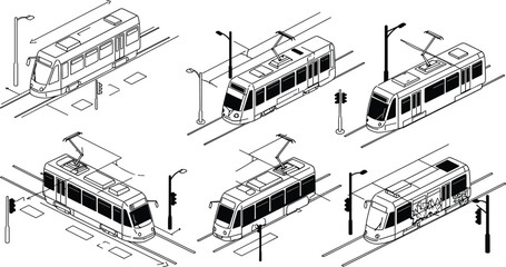 Isometric tram vector illustration, modern railway transport design, electric streetcar graphic, city metro vehicle, urban commute symbol, public transport art