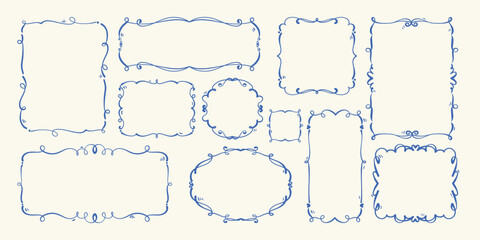 Fototapeta premium Blue Decorative Frame Collection in Hand-Drawn Style. Elegant doodle borders in different shapes with swirls and curls. Perfect for invitations, greeting cards, posters, labels, scrapbooking, tags