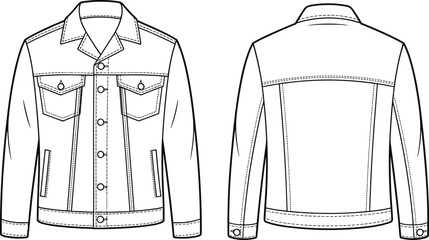 Denim jacket technical fashion sketch, front and back view, black and white outline, garment construction, flat vector illustration