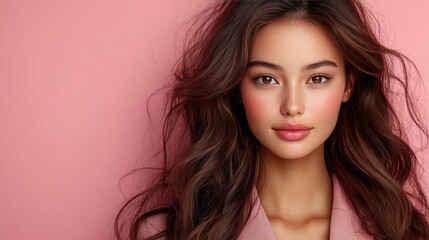 Naklejka premium Beautiful girl with brown hair and rosy cheeks on a pink background. Ideal for beauty, fashion, skincare, or feminine product advertising.