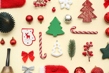 Composition with Christmas decor on beige background