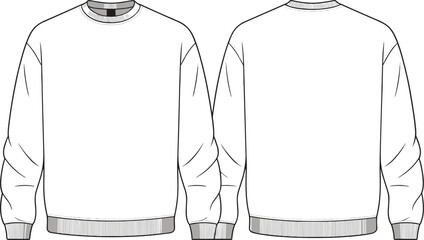 Flat vector crewneck sweatshirt front and back view, fashion template, apparel mockup, clothing design, minimalist style, garment illustration