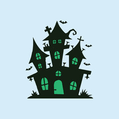Spooky Haunted House Silhouette with Bats – Halloween Illustration