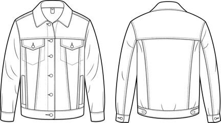 Denim jacket fashion illustration, front and back view, technical sketch, garment design, flat vector, apparel template, clothing construction, stitching details