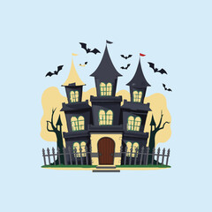 Spooky Haunted House Illustration with Flying Bats and Creepy Trees, Scary Halloween Castle Design for Holiday Decoration and Party
