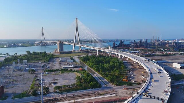 Gordie Howe Bridge Under Construction Over Detroit River With Zug Island in background