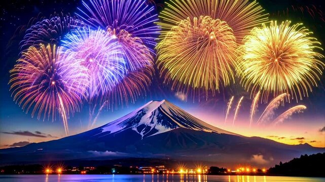 富士山の上空に炸裂する複数のカラフルな打ち上げ花火の3DCGアニメーション  ドローン空撮  花火大会、年賀状素材