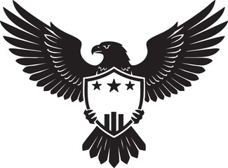 Fototapeta premium Strong American Bald Eagle with Patriotic Stars and Stripes Shield Vector Logo