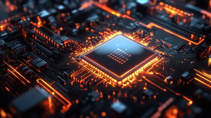 A close up of a glowing cpu on a dark circuit board with orange light and intricate details shown