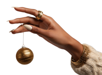 PNG Elegant hand holding golden ornament.