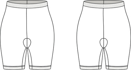 Flat vector cycling shorts front view, padded crotch, technical apparel design, sportswear illustration, garment template, fashion sketch, activewear concept