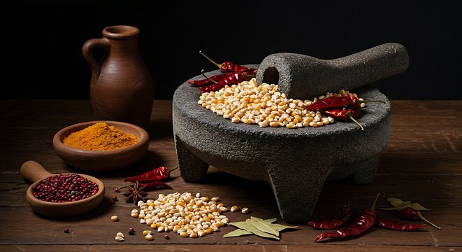 A traditional, heavy stone Metate (grinding stone) loaded with dried corn kernels, chili pods, and spices, emphasizing the raw ingredients for traditional Mexican cooking, moody lighting