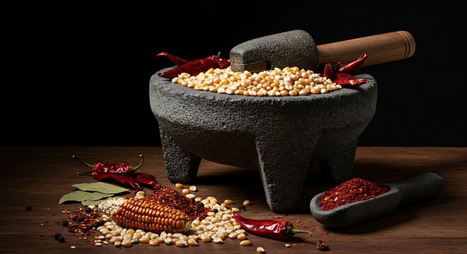 A traditional, heavy stone Metate (grinding stone) loaded with dried corn kernels, chili pods, and spices, emphasizing the raw ingredients for traditional Mexican cooking, moody lighting