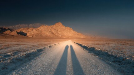 Shadows stretching long and distorted from an unseen source across a barren, flat land.