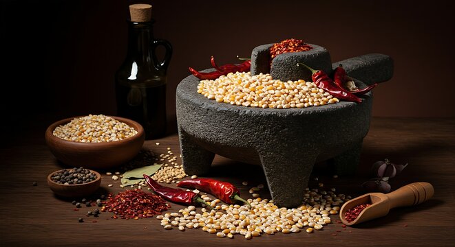 A traditional, heavy stone Metate (grinding stone) loaded with dried corn kernels, chili pods, and spices, emphasizing the raw ingredients for traditional Mexican cooking, moody lighting