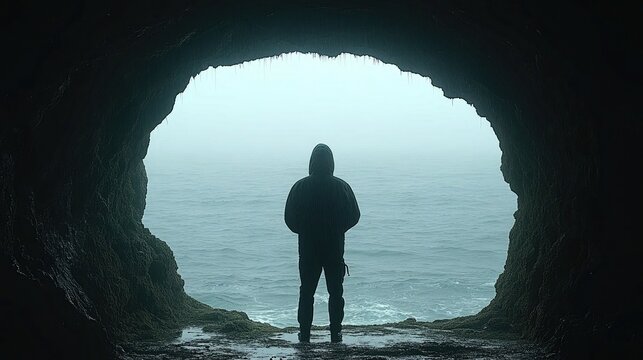 Man in hoodie views foggy ocean from dark cave entrance. Use for themes of contemplation, solitude, mystery, or discovery.