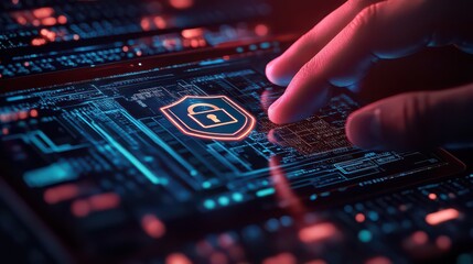 Hand interacting with digital shield lock on glowing circuit board for cyber security concept