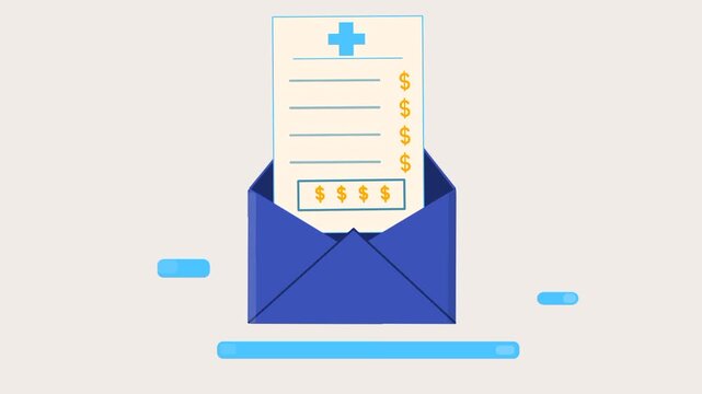 Medical bill animation. Invoice form emerging from envelope. Healthcare cost concept. Document receipt motion.