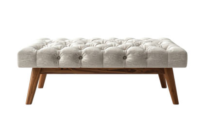 This image showcases a stylish, modern ottoman with a tufted, cream-colored upholstery and wooden legs against a stark black backdrop, creating a luxurious feel suitable for interior design or home...