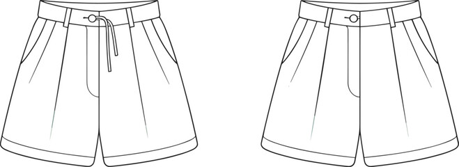 Flat vector fashion illustration of casual drawstring shorts and formal pleated shorts, front view, clothing design, editable outline style