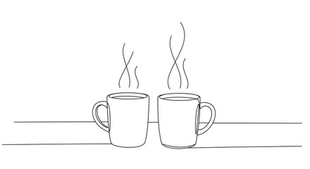 Continuous line drawing of two steaming mugs on a white background, perfect for coffee or tea concepts