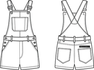 Flat vector denim overalls technical fashion illustration, front and back view, garment design, apparel template, clothing construction, editable outline
