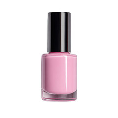 Pink nail polish bottle, glossy cap, on solid black backdrop