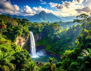 Scenic waterfall cascading through lush tropical rainforest with mountains in background