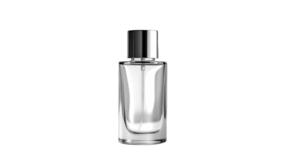 A sleek, elegant perfume bottle is presented against a stark black backdrop, highlighting its clean lines and minimalist design.