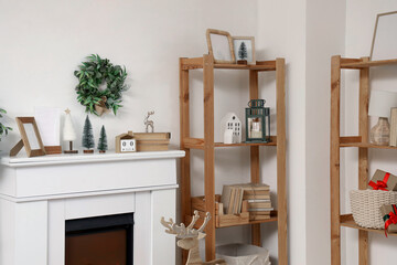Christmas interior of living room with fireplace
