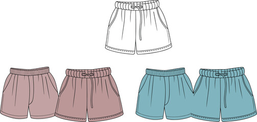 Flat vector illustration of stylish casual shorts in multiple colors, elastic waistband, drawstring, summer fashion, apparel design, clothing set