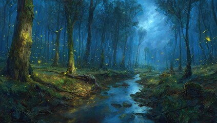 Obraz premium A tranquil forest at night, illuminated by fireflies.